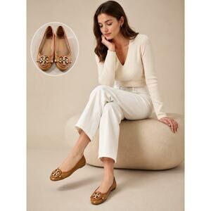 Tory Burch Reva Ballet Flats Women Size 5 Camel Tan Patent Leather Gold Logo Lux